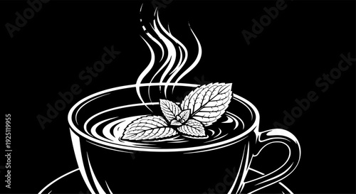 Herbal tea cup with mint leaf and hot steam for healthy organic refreshment – Black and White Vector Illustration
