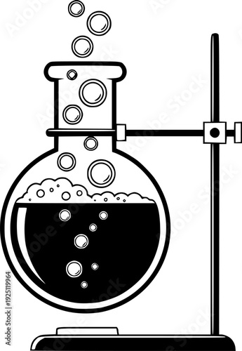 Chemistry laboratory beaker with bubbling liquid for science research and education discovery – Black and White Vector Illustration