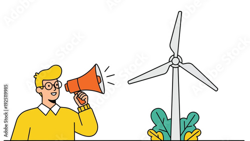 Person advocating for renewable energy using a wind turbine illustration.