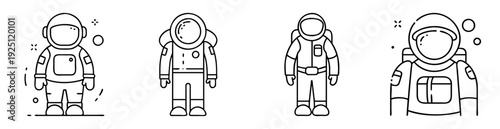 Collection of outlined astronaut illustrations depicting space suits and space travel concepts