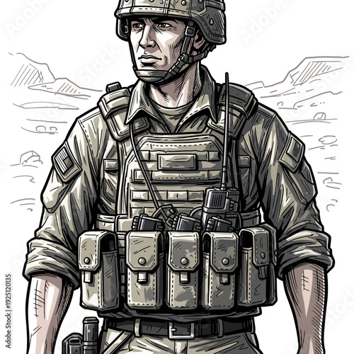 Soldier in desert uniform, tactical vest, and helmet, standing ready.