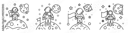 Collection of cute cartoon astronauts on planets, moons, and among stars