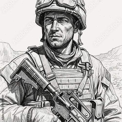 Soldier in combat gear with rifle, looking determined, sketch style