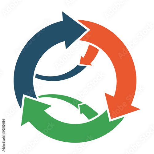 Circle Arrows Icon, flat vector illustration of three arrows in circular rotating motion, isolated on white background, suitable for apps, websites, UI design, refresh, repeat, and digital creative pr