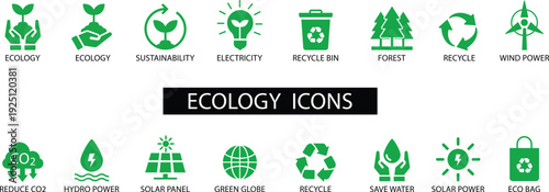 Ecology icon set. Environment, sustainability, nature, recycle, renewable energy; electric bike, eco-friendly, forest, wind power, green symbol. Solid icons vector collection.