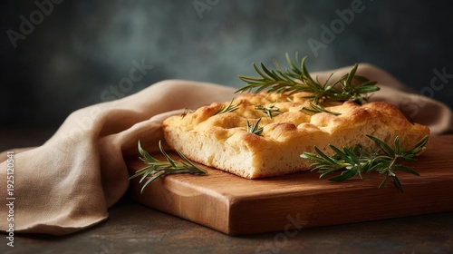 Freshly baked loaf of bread on a wooden cutting board. the bread is golden brown in color and has a criss-cross pattern on top. it is garnished with fresh rosemary sprigs.