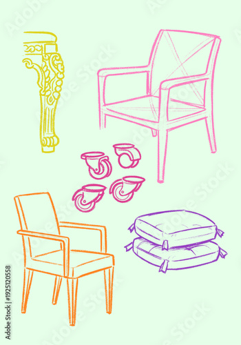 Hand-drawn vector sketches depicting essential furniture components like ornate legs, two armchairs, rolling casters, and soft cushions, on a pale green background