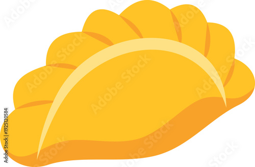 Yellow pastry, possibly an empanada, pierogi or dumpling, on a white background