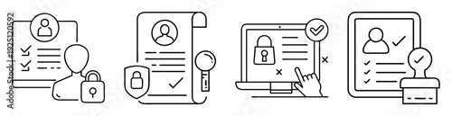 Set of outline icons representing digital security, personal data protection and privacy