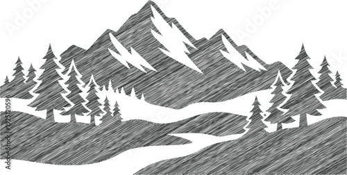 Hand-Drawn Mountain Forest Sketch for Adventure Logos