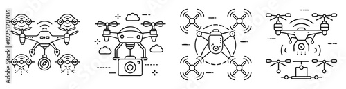 Vector line art illustration of various drones with different applications
