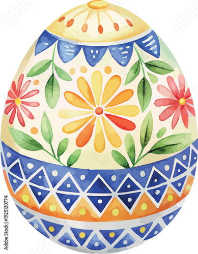 Traditional Ukrainian Pysanka Easter Egg with Flowers Watercolor Vector Illustration