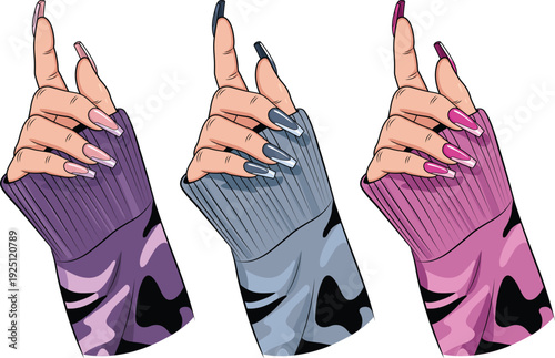 Stylish Manicure Showcase: Three hands, adorned with exquisite long nails, make a gesture in elegant pullovers, creating a captivating display of nail art and fashion
