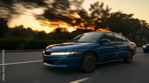Blue sedan driving on highway at sunset with trees in background