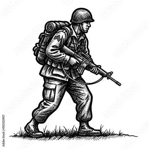 Soldier with Rifle and Backpack, Walking