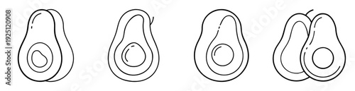 Black and white line art illustration of sliced avocados with pit visible