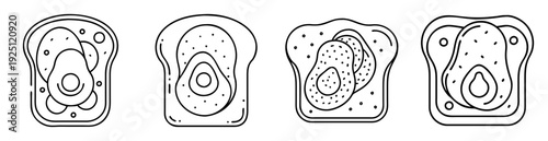 Collection of stylized avocado toast illustrations in black and white line art