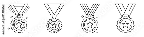Line art vector graphics depicting four unique star shaped award medals