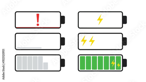 Illustrations of battery status indicators with different levels of charge and conditions
