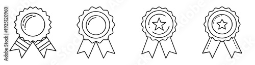 Four Unique Award Ribbon Icons Depicting Achievement and Recognition in Line Art