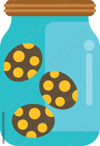 Bright blue glass jar containing three brown eggs with yellow polka dots on white background