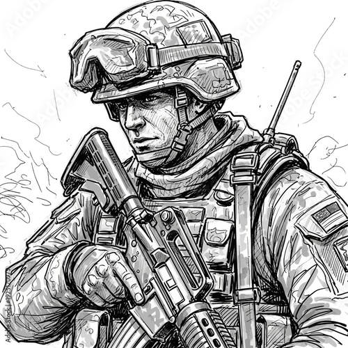 Soldier with rifle and helmet, illustration