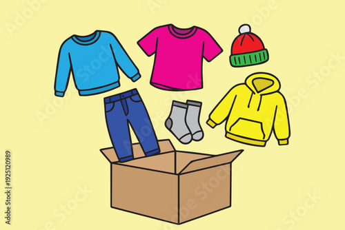 A playful vector illustration of an open gift box with clothes, pants, and socks bursting upward, expressing surprise, joy, and cheerful celebration.