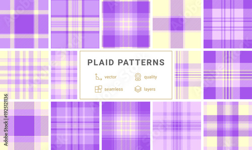 Discover this elegant seamless purple plaid pattern. Its soft pastel tones and classic tartan style make it perfect for feminine branding, textile design, and chic digital backgrounds.