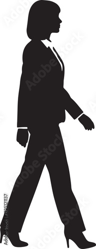 Silhouette of a confident businesswoman striding forward in a professional suit