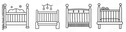 Four different styles of baby cribs illustrated in a simple line drawing