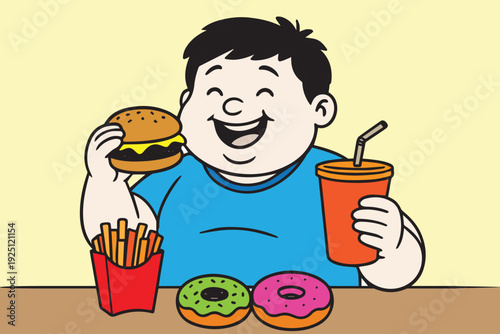 A cute vector illustration of a chubby child happily eating fast food, enjoying donuts, burgers, fries, and a refreshing soft drink.