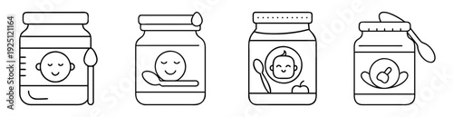 Black and white linear representation of four different baby food jars
