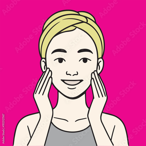 A minimalist vector artwork showing a woman with a clean glowing face, symbolizing skincare, purity, and a calm beauty routine.