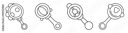 Four different baby rattles toy icons in cartoon outline style isolated