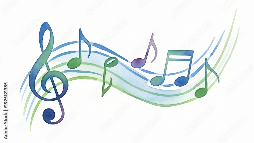 Obraz premium Watercolor drawing of musical note with green and blue music notes on.