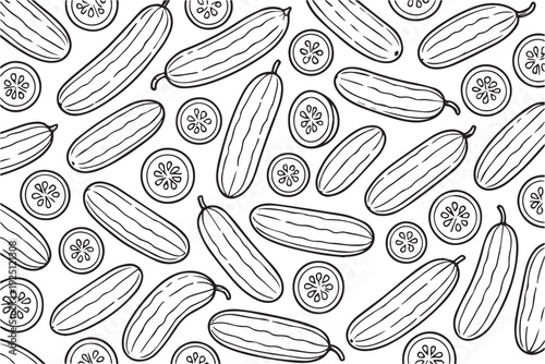 A fresh vector background pattern featuring many cucumbers and slices, arranged playfully to create a lively and natural food themed design.