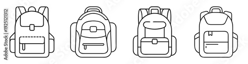 Four Backpacks in Line Art Style with Different Pocket Arrangements