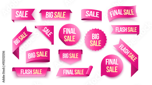 Set of 3d women day pink gradient sale banners, ribbons, badges and stickers with big sale, final sale and flash sale text for retail marketing and promotional design. Vector illustration