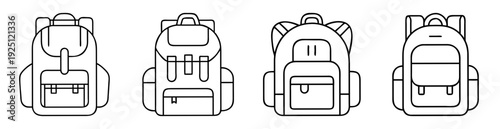 Black and white vector illustration of four different style backpacks