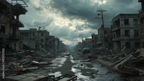 War damaged city street with collapsed buildings and debris under dark clouds
