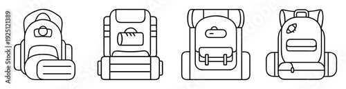Four different styles of backpacking bags outlined in simple black and white