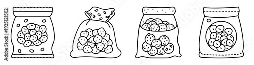 Monochrome outline drawings of filled bags with different seals and contents