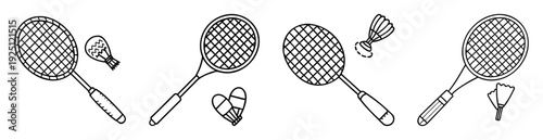 Black and white line drawing of badminton rackets and shuttlecocks