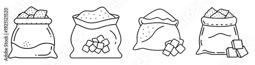 Four sacks of sugar with sugar cubes and granulated sugar outline drawing