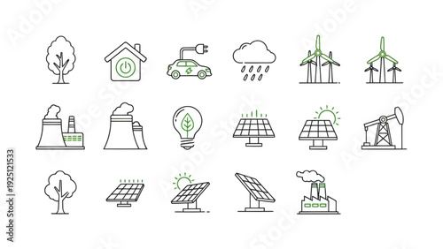 Collection of icons representing various renewable energy sources and smart home technologies