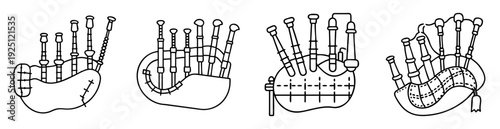 Black and white line art illustrations of various styles of bagpipes