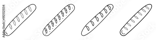 Four stylized baguettes displayed in a row in black and white