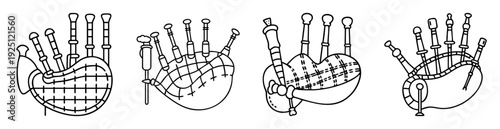 Four line art depictions of bagpipes, each with unique design features