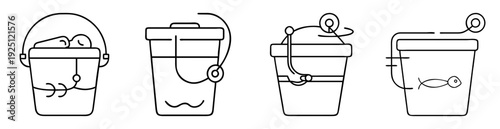 Line art icons depicting various buckets of water with different objects