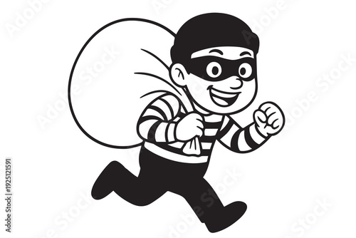 A conceptual vector illustration of a masked thief carrying a large money bag, symbolizing secrecy, crime, and unlawful gain in a bold visual style.